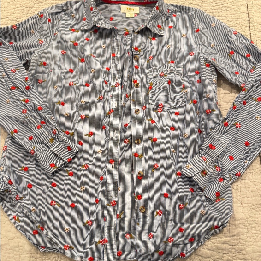 Anthropologie Maeve Blue Striped Shirt with Floral Embroidery